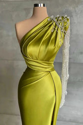 Gorgeous Olive Green One Shoulder Long Sleeves Evening Dresses Mermaid Long